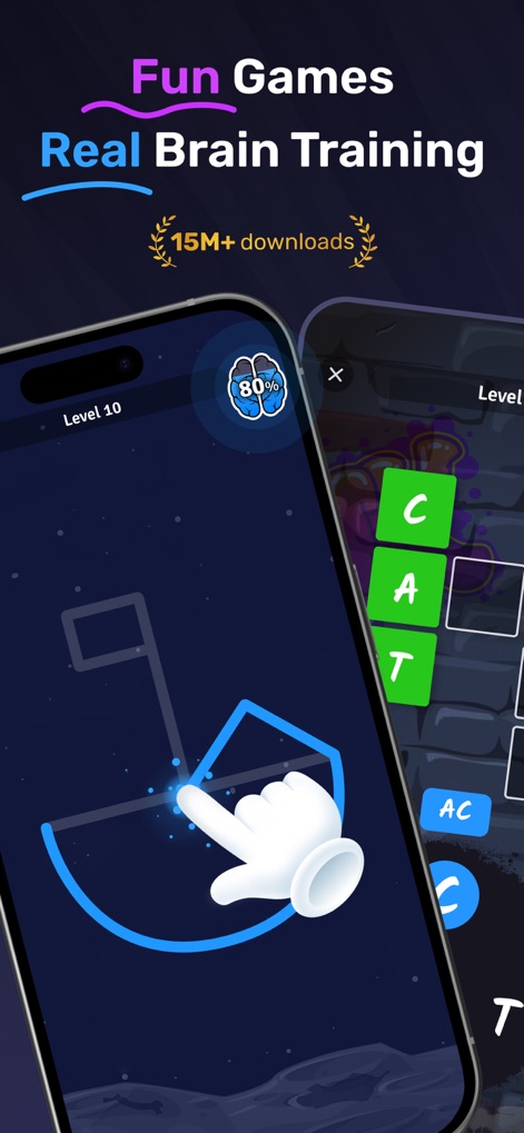 Clever: Brain Training Games - The app showcases its dynamic gameplay with a line drawing puzzle requiring precise movements and a word completion game challenging vocabulary skills.