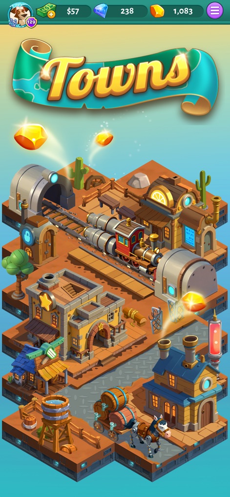 Solitaire Cash - Beyond Solitaire, the app introduces an engaging meta-game with an isometric 'Towns' interface, complete with detailed buildings and resource elements for players to develop.