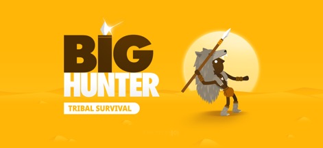 Big Hunter - Dieser Screenshot präsentiert das prominente „Big Hunter“-Logo und den Stammesjäger mit seiner charakteristischen Speerwaffe, um den Stil der App vorzustellen.