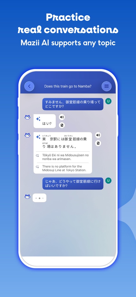 Mazii: Dict. to learn Japanese - The app features an AI chatbot for practicing real-time Japanese conversations, complete with spoken prompts and text responses.