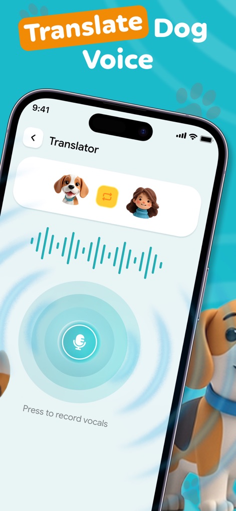 Dog Translator, Games for Dogs - Esta pantalla muestra la interfaz del traductor canino con avatares de perro y humano, donde los usuarios pueden visualizar las ondas de sonido generadas, permitiendo la interacción y la traducción de la voz para comprender mejor a su mascota.