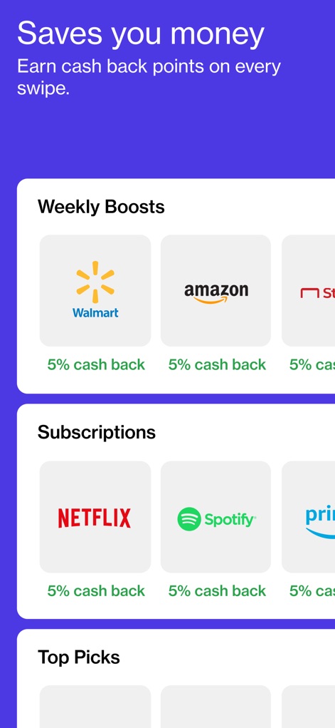 Atlas - Rewards Credit Card - Users can discover significant savings through 'Weekly Boosts' and 'Subscriptions', featuring 5% cashback at popular retailers like Walmart and Netflix.