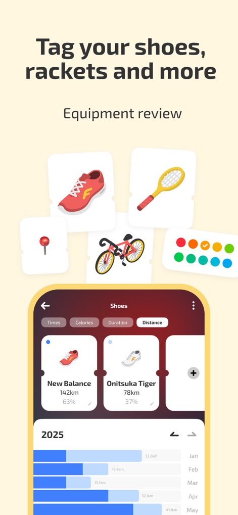 Fito: Fitness Streak, Calorie - This tool allows users to tag workouts with specific gear like shoes and provides insightful data on equipment usage, such as total distance covered by a particular pair of shoes.