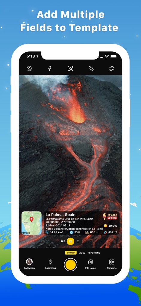 GPS Map Camera : Geo Photos - Witness the app's ability to capture dynamic events, such as a volcano eruption, with live environmental updates like temperature and wind integrated into the image.