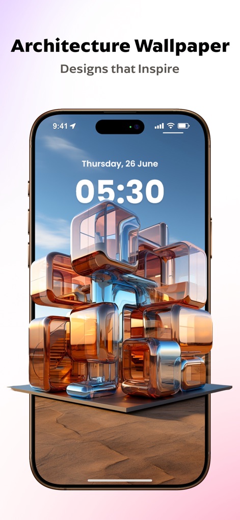 Vibewalls - Wallpaper HD & 4K - Esta captura de tela destaca um papel de parede de arquitetura abstrata com formas cúbicas transparentes e reflexivas, demonstrando a beleza estrutural disponível.