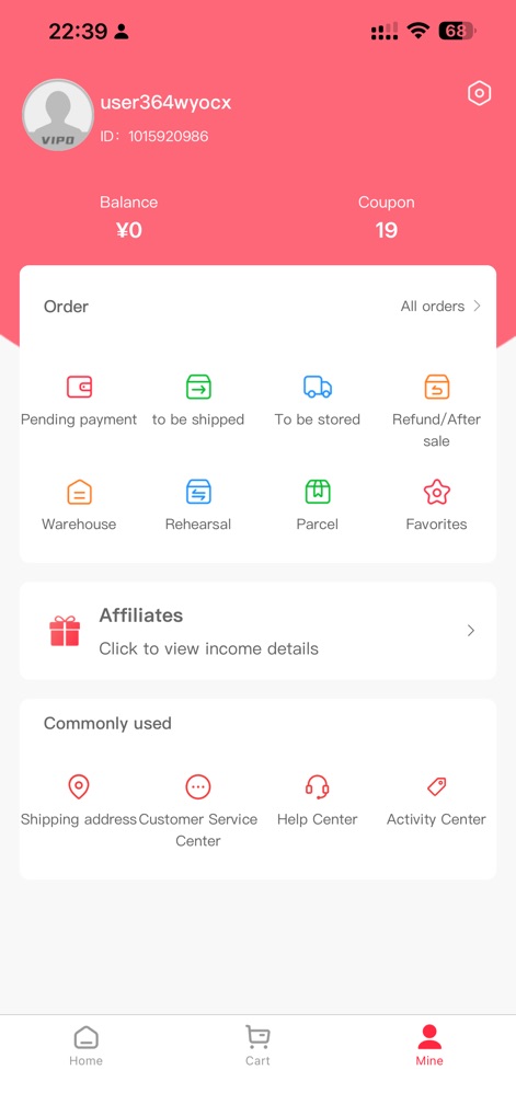 KakoBuy - The "Mine" section provides a personalized dashboard displaying the user's "Balance" and "Coupon" count, alongside quick access to various "Order" statuses and the "Affiliates" program details.