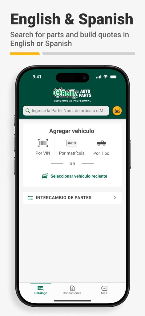 O'Reilly Pro - The app provides flexible language options, offering a seamless experience with features like VIN and plate lookup fully translated into Spanish for diverse users.