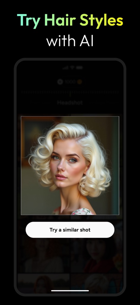 AI Photo Generator - Fotorama - Users can experiment with various hairstyles using AI, displaying a generated look and a 'Try a similar shot' option.