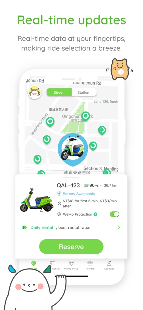 WeMo Scooter - 地図上に表示された利用可能なスクーターと、バッテリー残量や走行可能距離を含む詳細な車両情報をリアルタイムで確認できます。