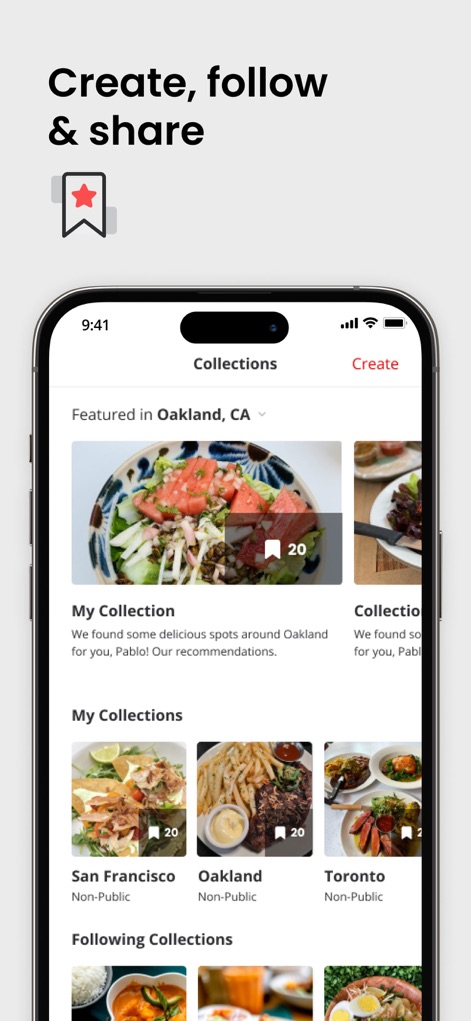 Yelp: Food, Services & Reviews - O aplicativo permite aos usuários organizar e compartilhar suas descobertas através de coleções personalizadas, exibindo imagens representativas e o nome da 'Minha Coleção'.