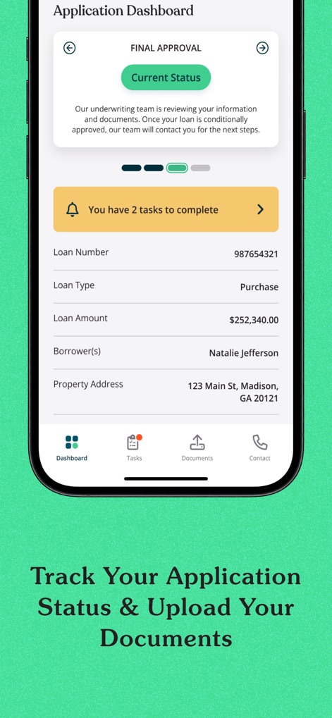 Newrez - The app displays the "Current Status" of loan applications and notifies users of "tasks to complete" for seamless progression.