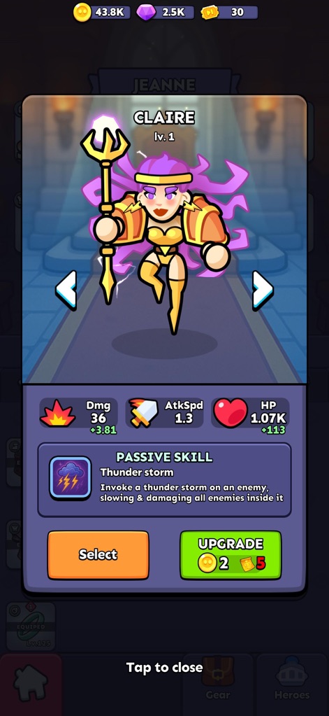 Fortress Merge - 이 스크린샷은 특정 영웅 '클레어'의 상세한 공격력 및 체력 수치를 표시하고, '썬더 스톰'이라는 강력한 패시브 스킬의 효과를 설명합니다.