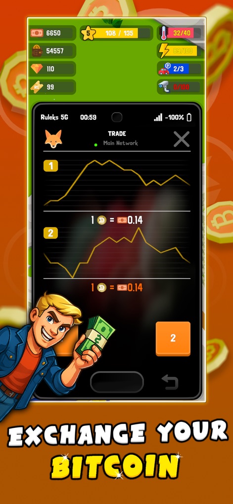 Bitcoin Miner Bro - Tycoon - Users can access a detailed trading interface, complete with real-time price graphs and exchange options for virtual Bitcoin.