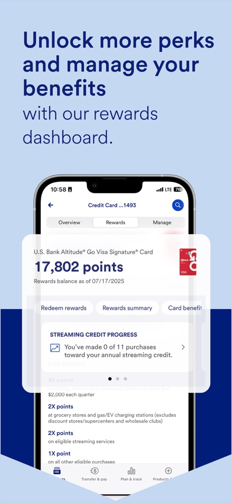 U.S. Bank Mobile Banking - This screen reveals a comprehensive rewards balance display for credit cards, alongside a clear progress tracker for specific benefits such as streaming credit.