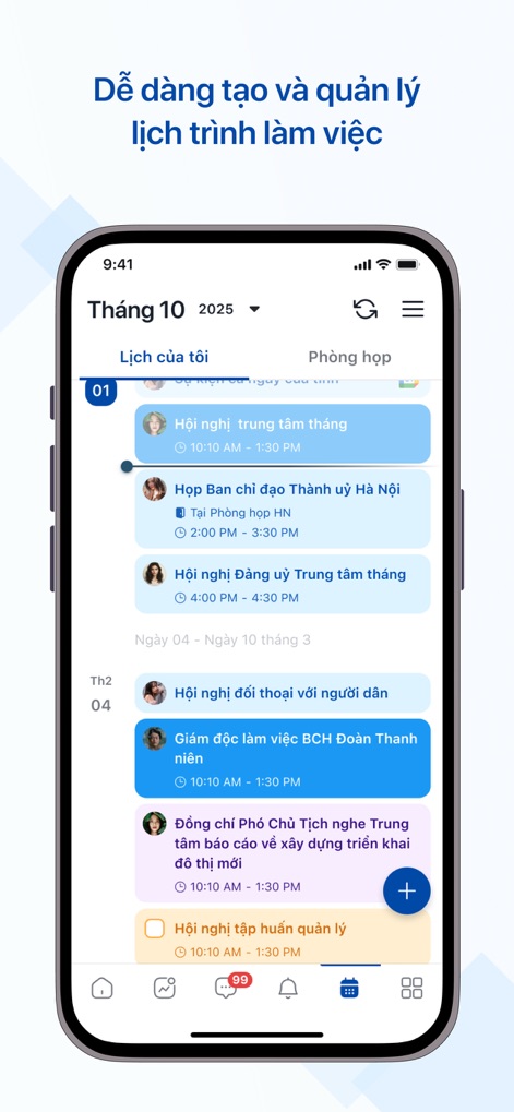 HanoiWork - Explore the integrated calendar and collaboration view, showcasing chronological event listings with a chat-like presentation and integrated meeting details including attendees and location.