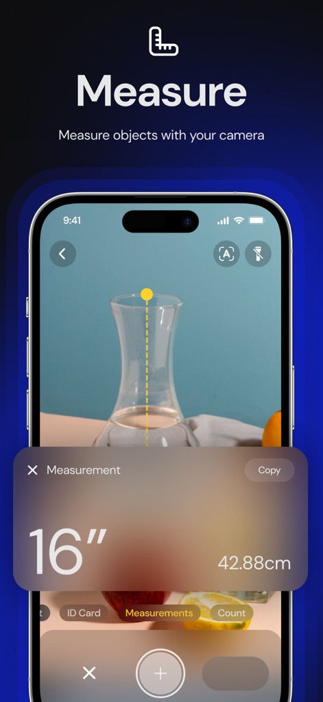 Atlas AI: PDF Document Scanner - The app accurately measures real-world objects, displaying precise "16 inch" readings and offering a dedicated "Measurements" mode for various tasks.