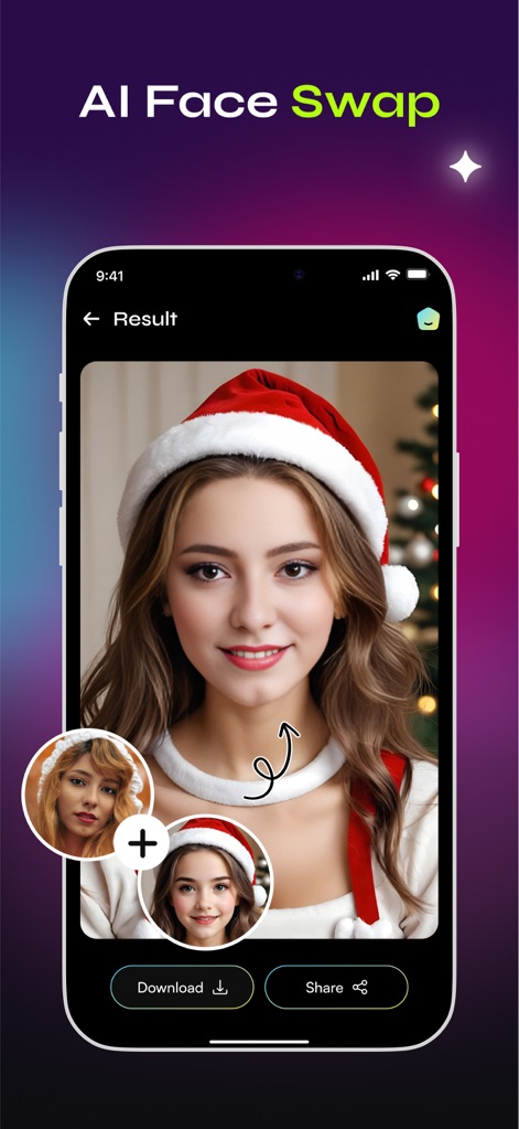 AIPhoto: Image Video Generator - Descubra o divertido recurso de troca de rosto com IA, ilustrado por uma personagem com chapéu de Natal e as prévias circulares das faces originais utilizadas na composição.