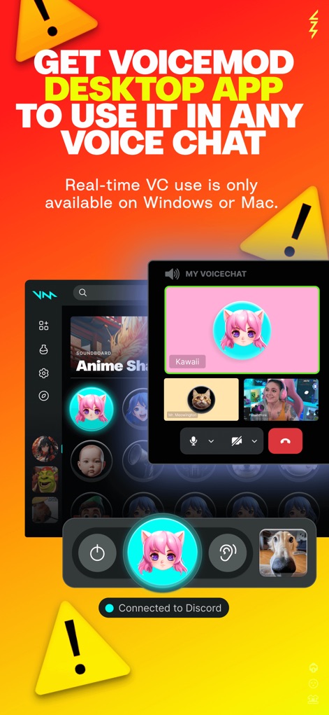Voicemod - While the mobile app focuses on soundboards, users can leverage the desktop version for real-time voice changer functionality within apps like Discord, clearly indicated by the 'Connected to Discord' status and the voice chat interface.
