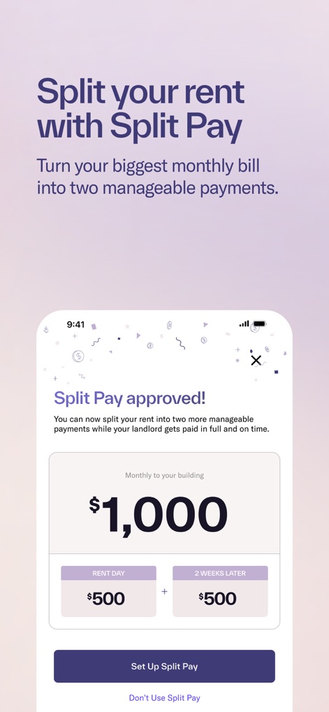 Split Pay by Rent App - This screen illustrates how users can approve 'Split Pay' and view their monthly rent, effortlessly divided into two manageable payments: one for 'RENT DAY' and another '2 WEEKS LATER'.