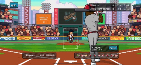 Pixel Pro Baseball - Gli utenti sono immersi nell'azione con una vista ravvicinata del battitore, mentre in alto a destra è possibile monitorare costantemente il punteggio della partita e il numero di out.