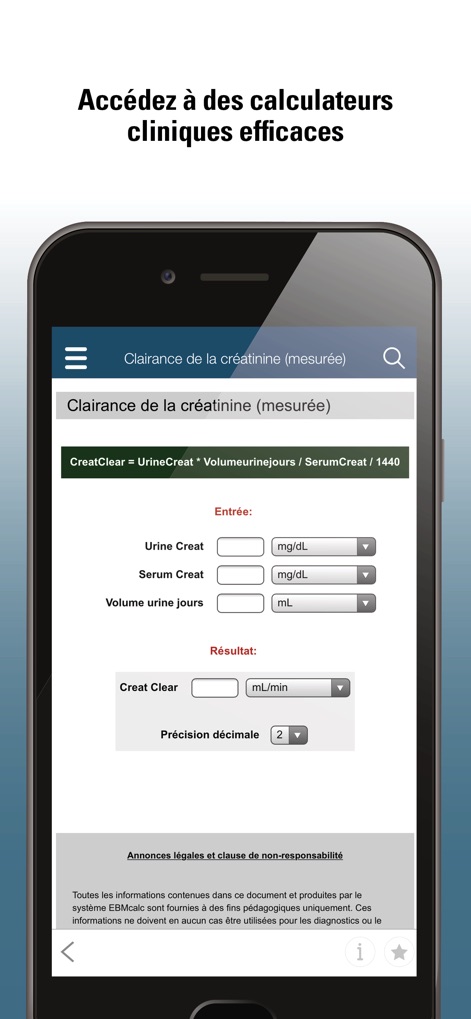 Le Manuel MSD Professionnel - Access practical clinical calculators, like the Creatinine Clearance tool, featuring precise input fields and customizable unit selections for accurate results.