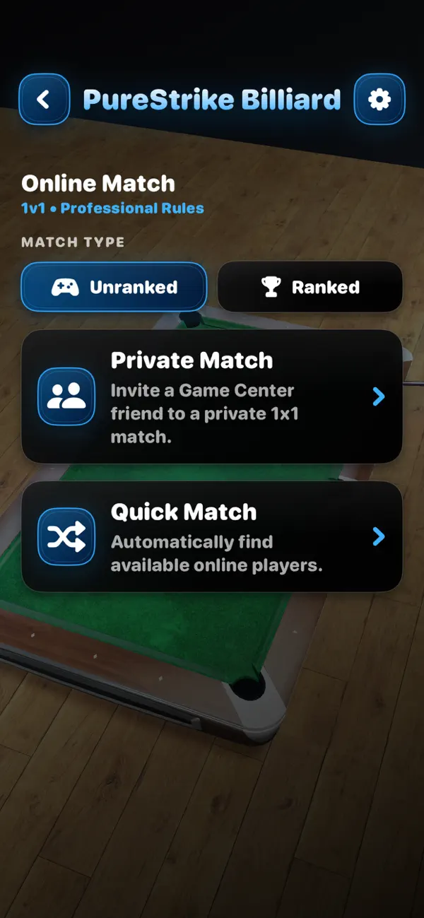 PureStrike Billiard camera views and table options
