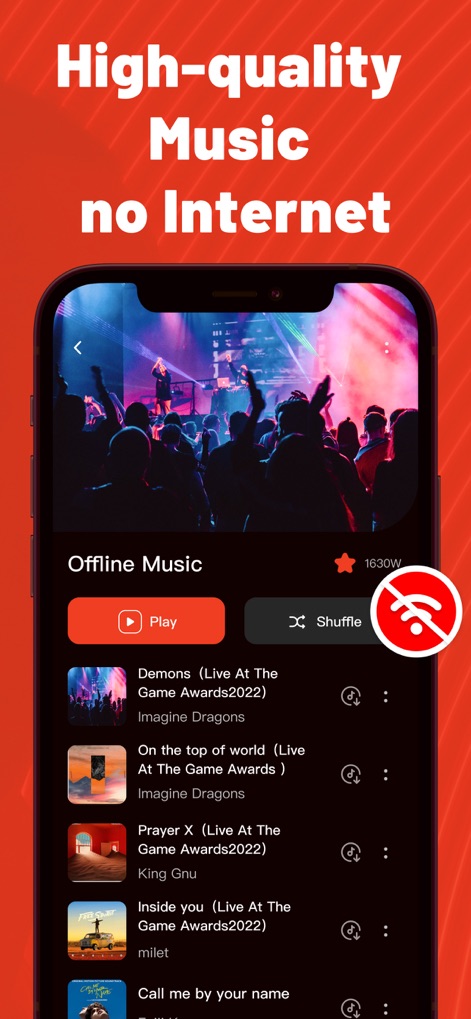 Music Quick - Mp3 Video Player - Explore the dedicated 'Offline Music' section, highlighting easy access to downloaded tracks and the prominent Wi-Fi disabled indicator for uninterrupted listening.