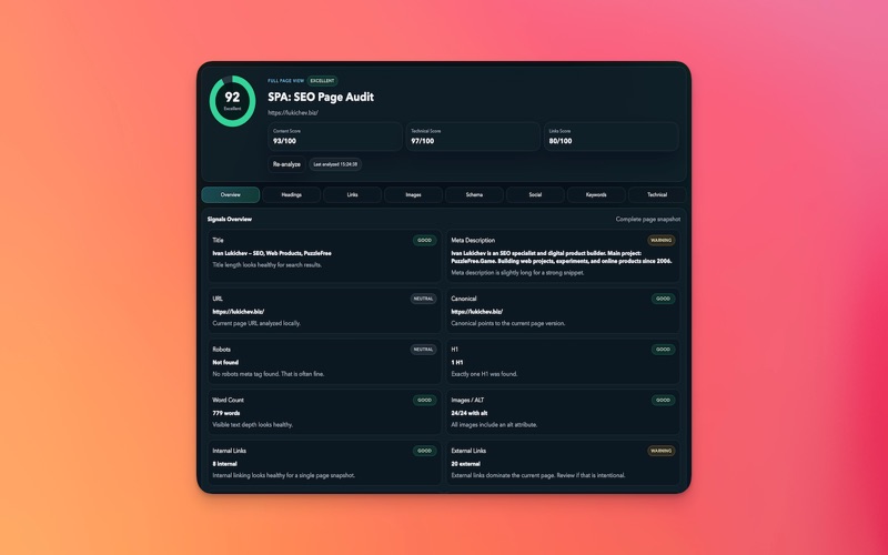SPA SEO Page Audit screenshot