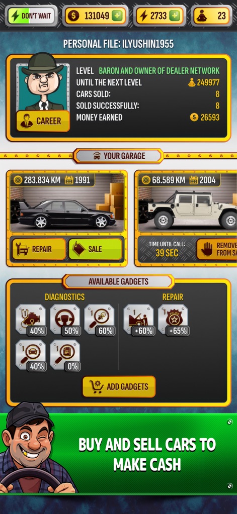 Cars Dealer Simulator - L'interfaccia mostra il profilo del giocatore con i dettagli della sua "Carriera" e il "Tuo Garage" dove sono gestiti i veicoli in vendita e in riparazione, riflettendo la progressione nel gioco.