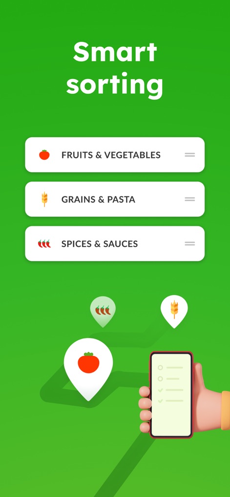 Grocery List - Listonic - Users benefit from smart sorting that organizes items by store aisles, represented by distinct categories like 'FRUITS & VEGETABLES' and 'GRAINS & PASTA' for faster shopping.