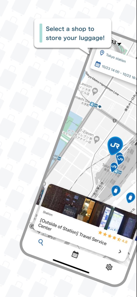 ecbo cloak - Luggage Storage - 이 앱은 사용자가 지도에서 도쿄역 주변의 다양한 매장을 검색하여 짐 보관이 가능한 매장을 쉽게 찾을 수 있도록 돕습니다. 앱은 JR 아이콘으로 역 주변 매장을 표시하고, 별점 4.8의 여행 서비스 센터 정보를 제공하여 신뢰할 수 있는 선택을 돕습니다.