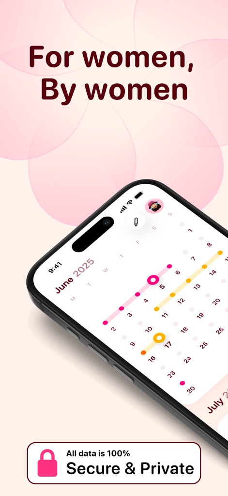 Ovi Cycle & Period Tracker - The app features a clear monthly calendar view displaying expected period and fertile days, alongside a prominent privacy badge emphasizing secure data handling.
