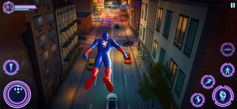 Grand Superhero Justice Sim - This view offers an elevated perspective of the city, showing the superhero hovering above a bustling street and its diverse urban structures.