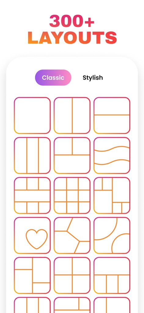 Photo Collage Maker・Pic Layout - Los usuarios descubren más de 300 diseños de cuadrículas y formas, organizados en categorías como “Classic” y “Stylish”, ofreciendo una base versátil para cualquier composición fotográfica.