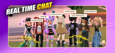 Hotel Hideaway: Avatar & Chat - Esta imagem ilustra o recurso de bate-papo instantâneo, com balões de fala flutuando sobre os personagens e a clara indicação "REAL TIME CHAT" no topo.