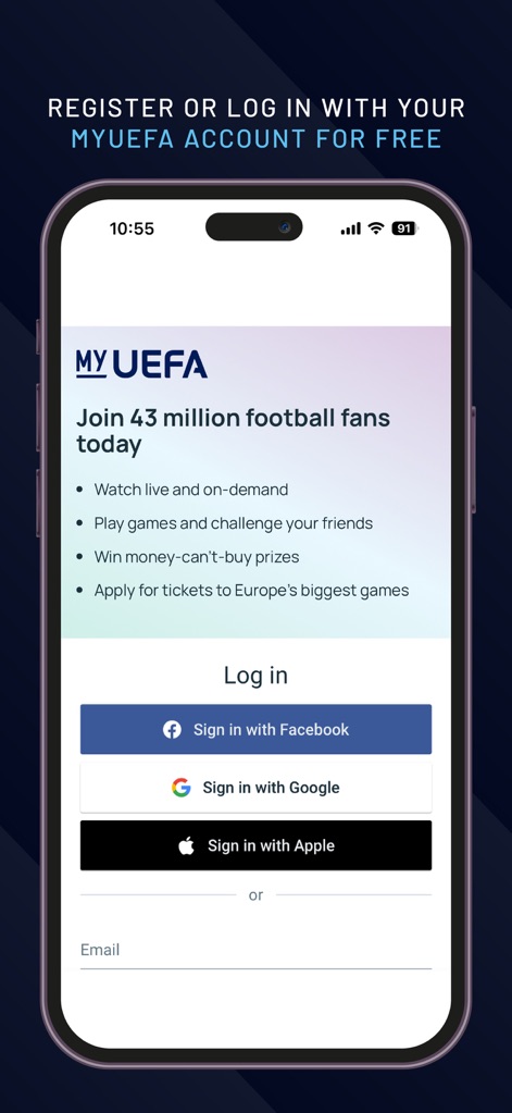 UEFA.tv - The app provides seamless access with multiple sign-in options, including social logins, and clearly outlines user benefits to encourage registration.