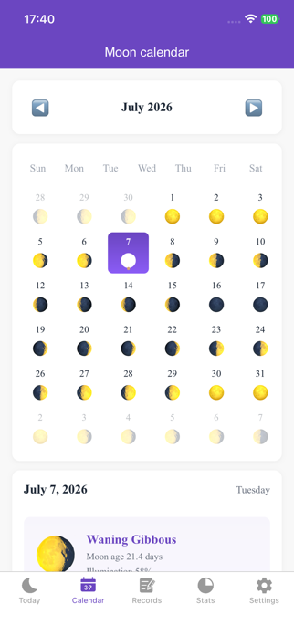 Moon Phase Calendar Tracker Screenshot 2 of 5