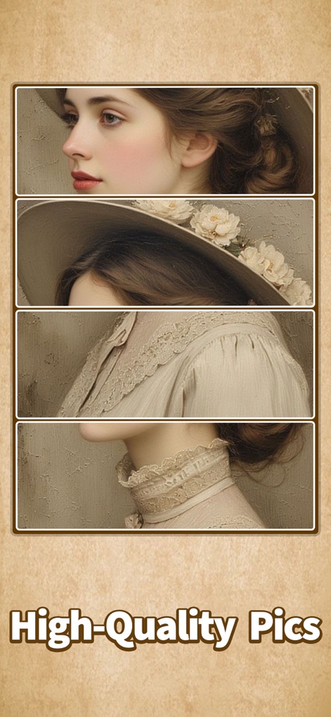 Jigsaw Puzzle Art: Relax Book - Questo strumento offre immagini di alta qualità, come il ritratto femminile con dettagli intricati, suddiviso in quattro sezioni verticali, che ne sottolinea la bellezza artistica e la definizione.