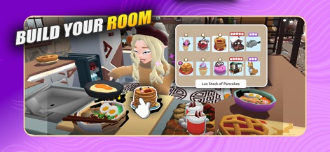 Hotel Hideaway: Avatar & Chat - Os usuários podem decorar seus próprios ambientes, selecionando itens como uma pilha de panquecas e diversos objetos de mobília para personalizar o espaço.