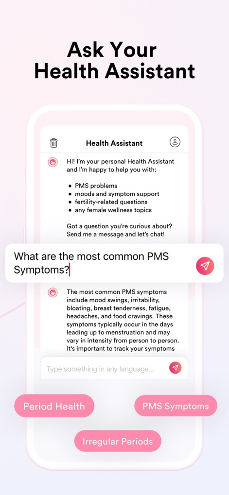 IVY Period & Pregnancy Tracker - Esta tela revela uma interface de chat interativa com o Assistente de Saúde, onde são oferecidas sugestões de perguntas rápidas para diversas dúvidas.