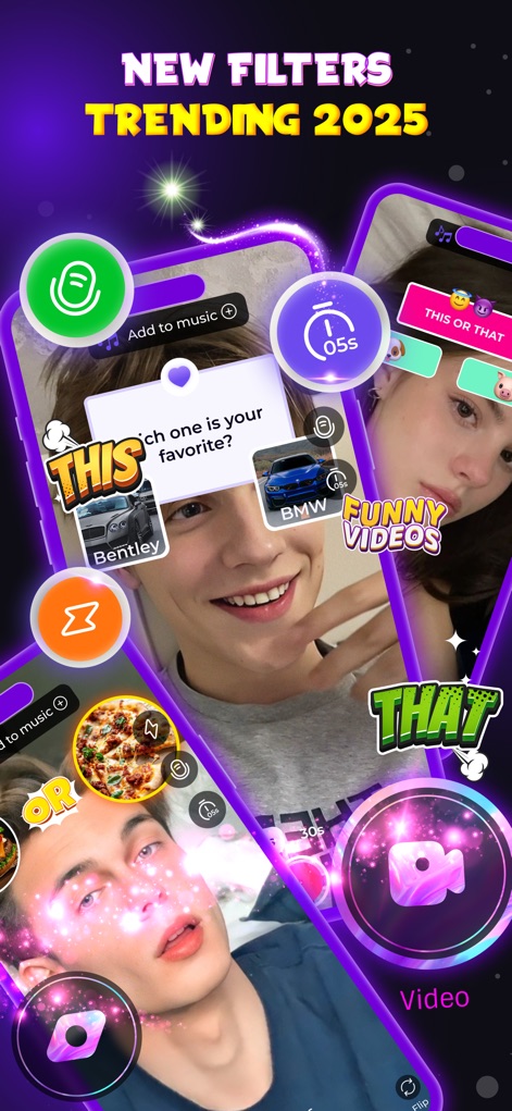 This or That: Funny Filter - Discover the array of new and trending filters, which display interactive choice scenarios such as car comparisons and humorous video prompts.