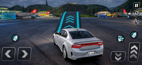 Urban Drive: Car Simulator 3D - Prepare for high-flying action as a powerful white sedan aligns with an extreme stunt ramp, set against the backdrop of an airport tarmac with parked airplanes, highlighting diverse challenge locations and vehicles.