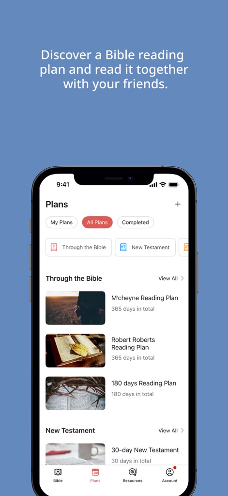 WeDevote Bible 微读圣经 - La aplicación ofrece una amplia selección de planes de lectura, desde el "M'cheyne Reading Plan" hasta el "180 days Reading Plan", facilitando la organización del estudio bíblico.