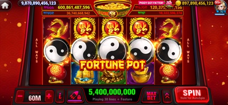 HighRoller Vegas: Casino Games - The 'Fortune Pot' slot offers a unique visual experience with iconic Yin-Yang symbols and rich gold ingot graphics, reflecting traditional themes.