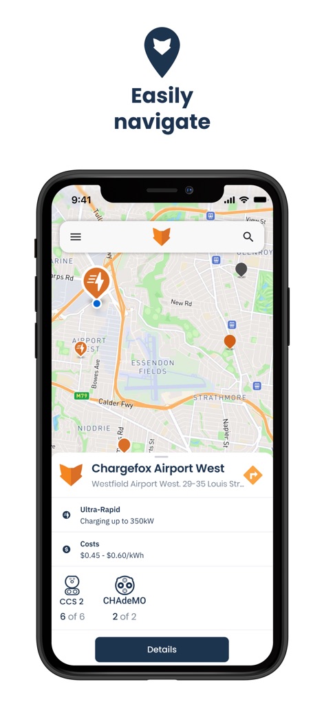 Chargefox: EV Charging Network - Gli utenti possono facilmente navigare verso la loro destinazione, visualizzando dettagli cruciali come il nome della stazione "Chargefox Airport West" e le opzioni di connettore disponibili "CCS 2" e "CHAdeMO".