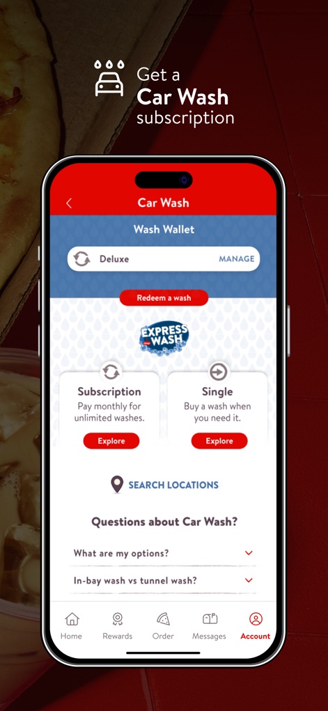Casey's - This tool simplifies car wash management by presenting flexible 'Subscription' and 'Single' wash options, along with a dedicated 'Wash Wallet' to manage credits.