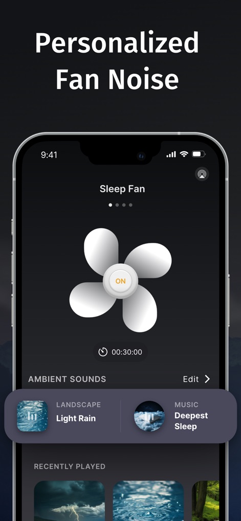 Tap Fan Noise for Sleep - 「Light Rain」と「Deepest Sleep」がハイライトされたアンビエントサウンドの選択肢と、中央のファンアイコンが、ユーザーの好みに合わせたパーソナルな音環境を提供します。