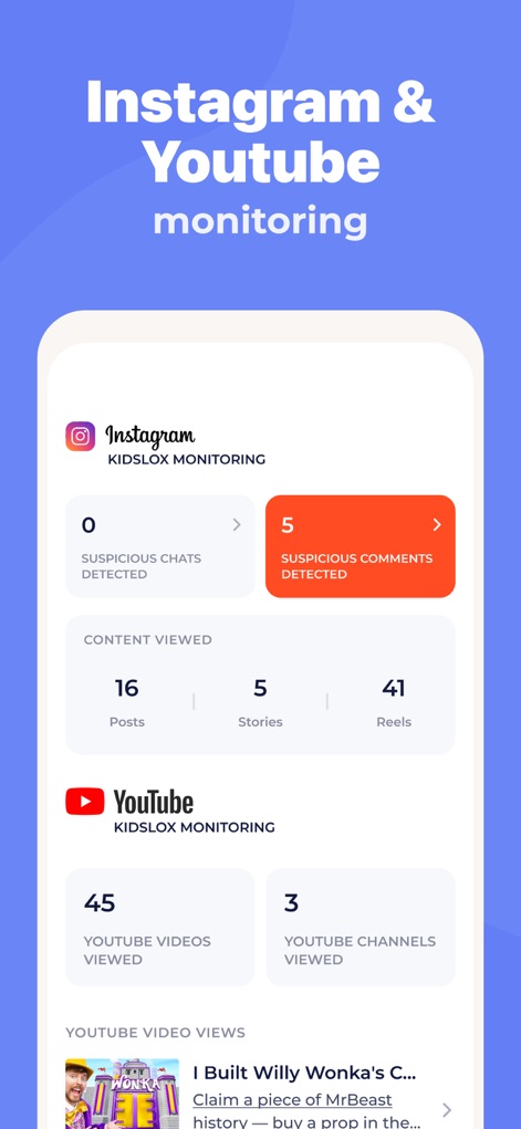 Parental Control App - Kidslox - The app provides detailed monitoring of social media and video platforms, highlighting 'Instagram KIDSLOX MONITORING' with suspicious chat/comment detection and 'YouTube KIDSLOX MONITORING' for video and channel views.