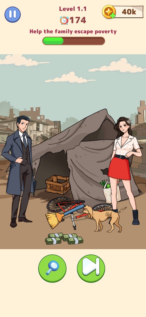 Tricky Dramas: Short Stories - Begin the journey at 'Level 1.1', where the scene presents a humble tent and bundles of money, challenging users to solve the poverty puzzle.