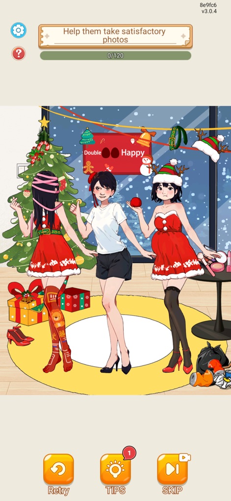 Tricky Puzzle: Brain Quest - This vibrant, festive scene presents a comedic challenge where players must adjust character poses and interactions to achieve a specific outcome, indicated by on-screen text overlays like 'Happy' and 'Double'.